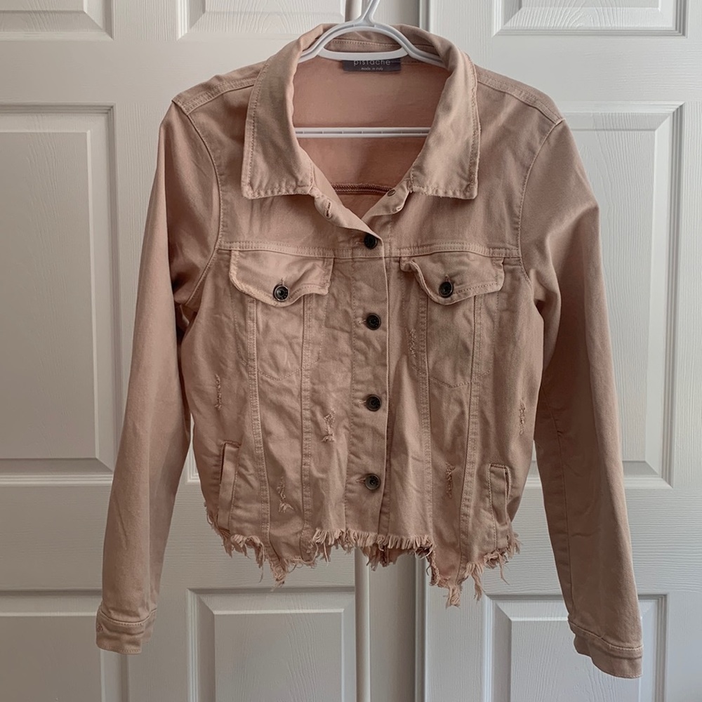 Pistache Light pink Distressed Jean Jacket